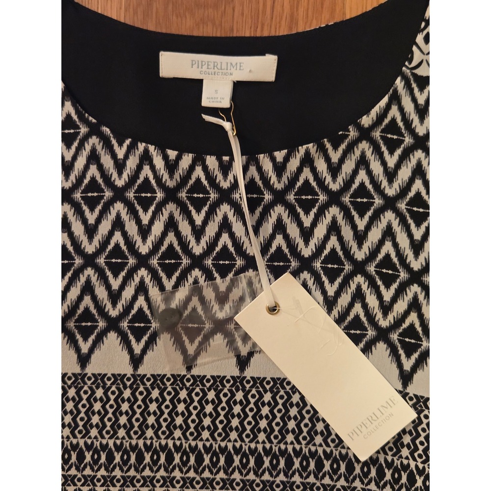 Piperlime Collection SILK Black+White Ikat Geometric Mod Shift Dress NWT Sz S - Picture 7 of 9